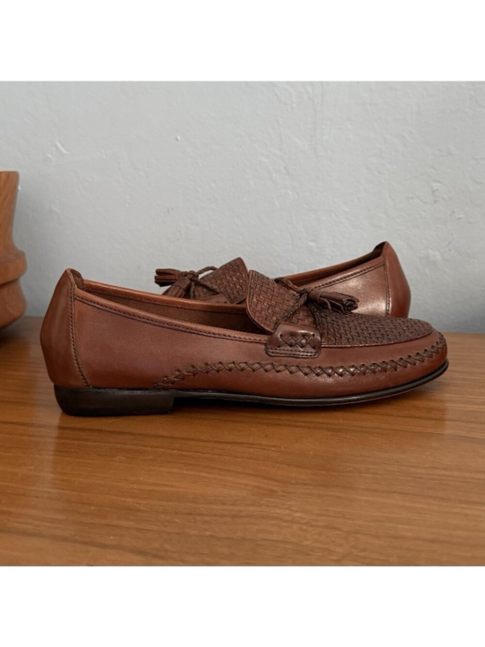 Vintage 90s Cole Haan Country Woven Leather Tassel Loafers Mahogany Brown 8C - Picture 4 of 9